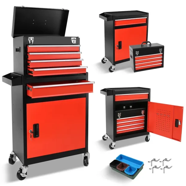 Tool Chest, 5 - Drawer Rolling Tool Storage Cabinet with Detachable Top Tool Box, Universal Lockable Wheels