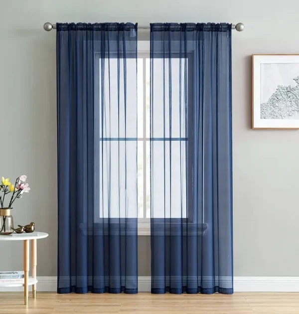 2-Piece Navy Blue Solid Sheer Voile Window Curtain Set, Two (2) Rod Po