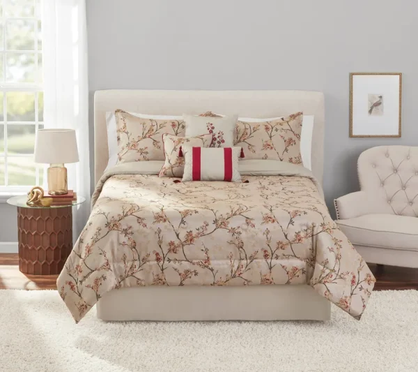 Mainstays 83613 7 Piece Cherry Blossom Jacquard Comforter Set, King Red & Tan
