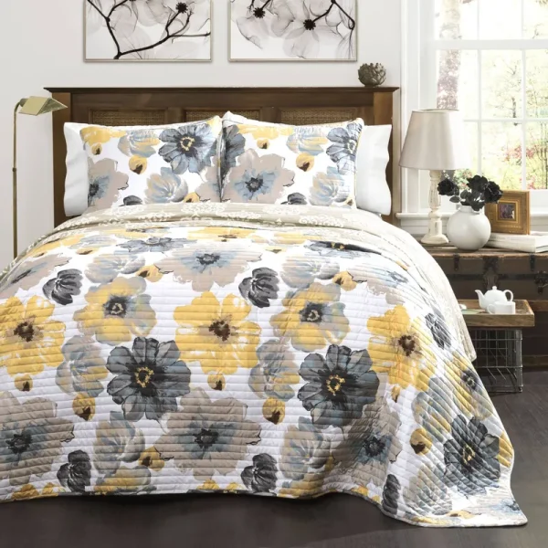 Lush Decor Leah 3-Piece Quilt Set - Yellow Gray - Full/Queen