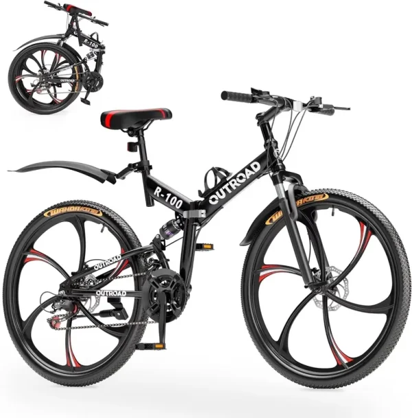 SUNCROWN 26 in Folding Mountain Bike, 21 Speed Full Suspension High - Carbon Steel MTB Foldable Bicycle, Dual Disc Brake Non - Slip Folding Bikes for Adults/Men/Women, Black