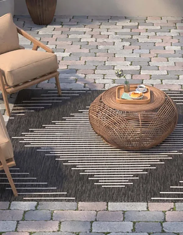 Outdoor Modern 5 ft Square Black Geometric Area Rug Indoor Outdoor Rug