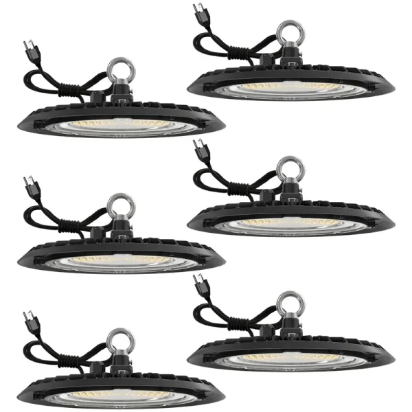 Sunco Lighting 6 Pack Ufo LED High Bay Light, Plug & Play Lighting for Warehouse, 5000K Daylight, 150W, Power Cord Included, 19500 lm, 120VAC, IP65