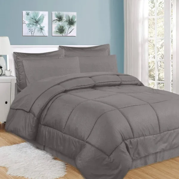 Collection 8 Piece Bed in A Bag Checkered Comforter Set - King, Gray