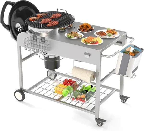 AECOJOY Grill Table for Weber 18" & 22" Original Kettle, Outdoor Grill Cart with Wheels, Kettle Grill Cart,Outdoor Prep Table