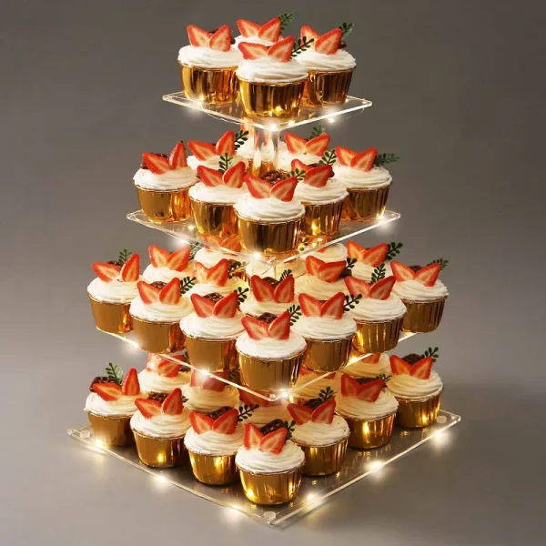 Kimdee 4 Tier Acrylic Cupcake Stand for 50 Cupcakes Dessert Tower with LED String - Square
