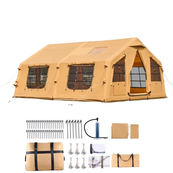 KFFKFF Inflatable Camping Tent for 8 - 12 Person, 15.75 x 11.81 x 7.22 Ft Glamping Blow up Tent with Hand Pump, Waterproof Air Tent, All - Weather Camping Shelter with Dual Sunroofs, Stove Jack