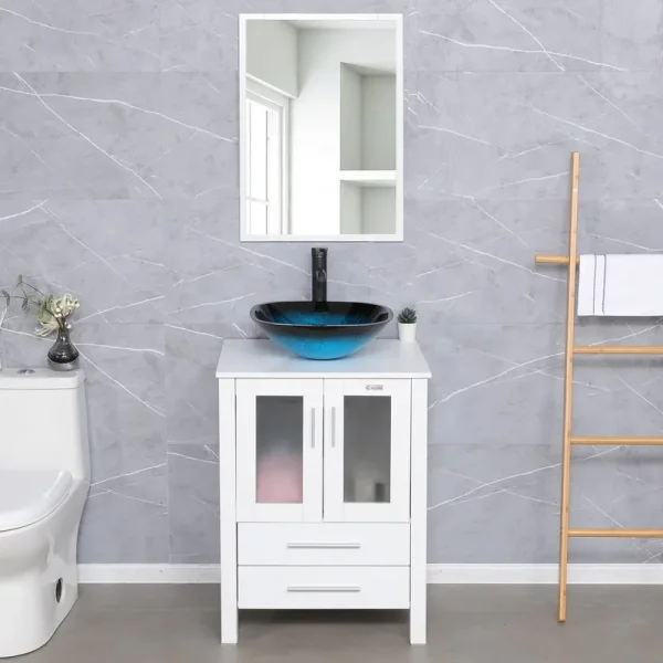 Eclife 24"w x 20"d x 32"h Classical Bathroom Vanity Vessel Sink Set with Faucet, Mirror White Vanity and Ocean Blue Square Glass Sink Pop up Drain Combo