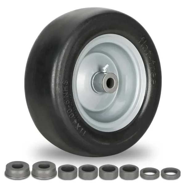 11x4.00-5" Flat Free Lawn Mower Tire On Wheel, 3/4" or 5/8" Bushing, 3.4" -4" -4.5" -5" Centered Hub, Universal Fit Smooth Tread Tire for Zero Turn