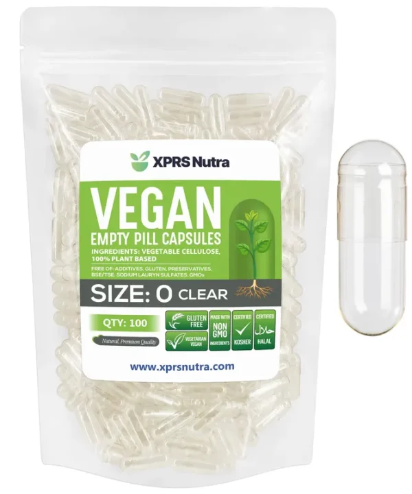 XPRS Nutra Size 0 Empty Vegan Capsules Vegetarian DIY Vegetable Capsule Filling Veggie Pill Capsules Empty Caps (100 Count, Clear)