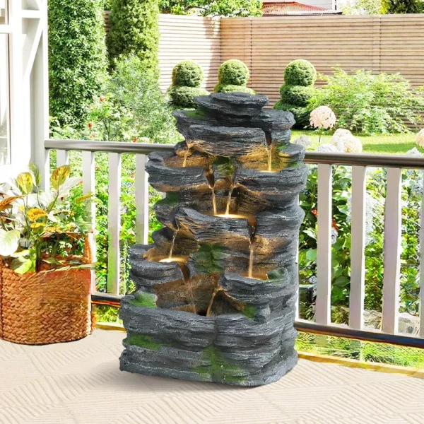 Haverchair 7 Tier Cascading Rock Outdoor Water Fountain, Garden Freestanding Rockery Natural Waterfall Fountains Outdoor with LED Light, Soothing Tranquility Fountains for Home Garden Yard, 24"h