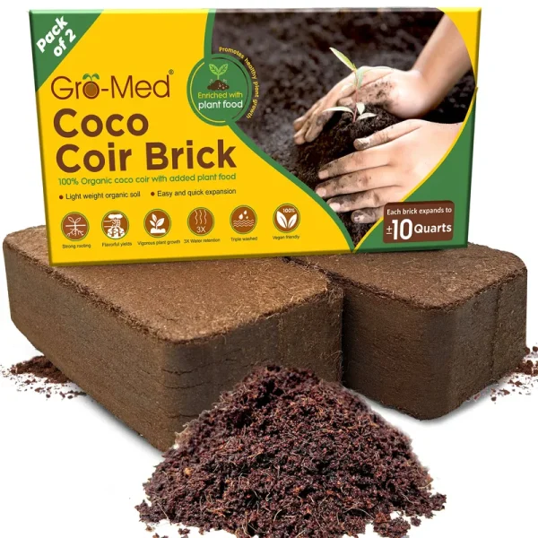 Gro-Med Organic Compressed Coconut Coco Coir Bricks for Plants with NPK Potting Soil, 2 Pcs 650g ea