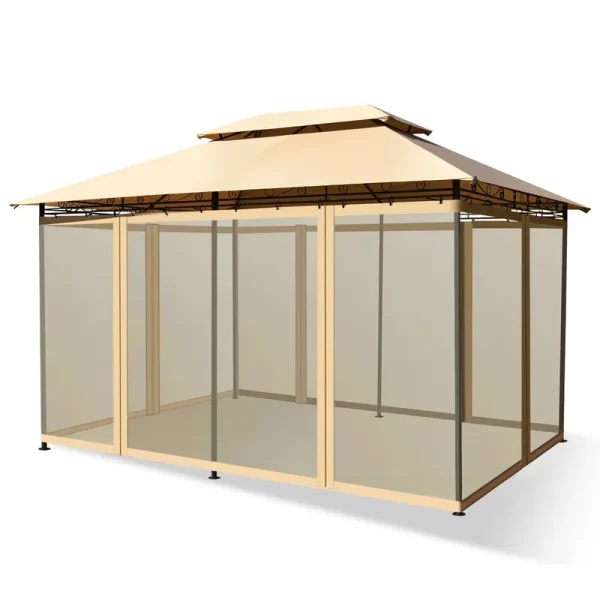 Costway 2-Tier 10'x13' Steel Gazebo Canopy Tent Shelter Patio Garden Outdoor Netting - Tan