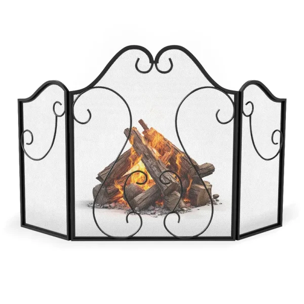 Tangkula 3 Panel Fireplace Screen with Decorative Scroll