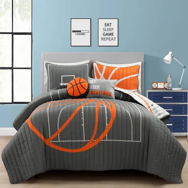 Lush Decor Basketball Game Charcoal 5pc Set Full/Queen Reversible Oversized Quilt