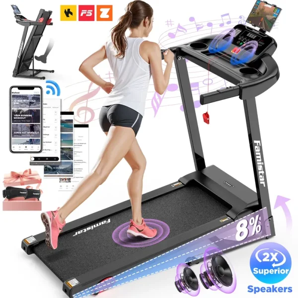 Treadmill for Home, Portable Folding Electric Exercise Treadmill with Adjustable Incline, APP Control, 64 Programs, 300 lb Capacity, 7.5MPH, Bluetooth Speakers, Running Walking Jogging, 12/23 Update
