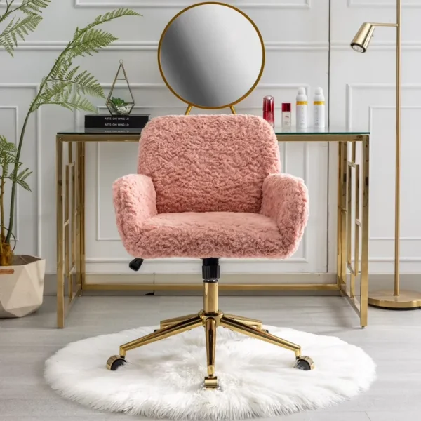 Furniture Office Chair, Artificial Rabbit Hair Makeup Vanity Chair Chair, 360 Comfy Swivel Armchair with Wheels, Modern Height Adjustable Cute Vanity Chair for Living Room Small Spaces Pink