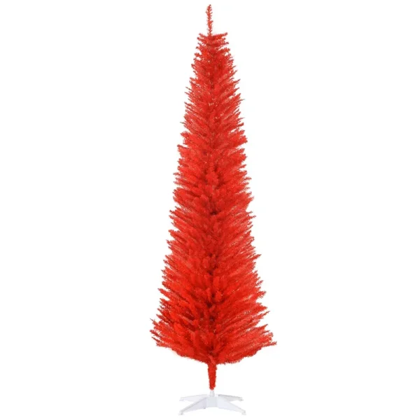 HOMCOM 7 ft Artificial Pencil Christmas Tree, Slim Xmas Tree with 499 Realistic Branch Tips and Plastic Stand, Red