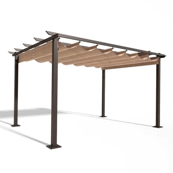 10 ft. x 13 ft. Aluminum Outdoor Pergola with Retractable Shade Canopy - Brown
