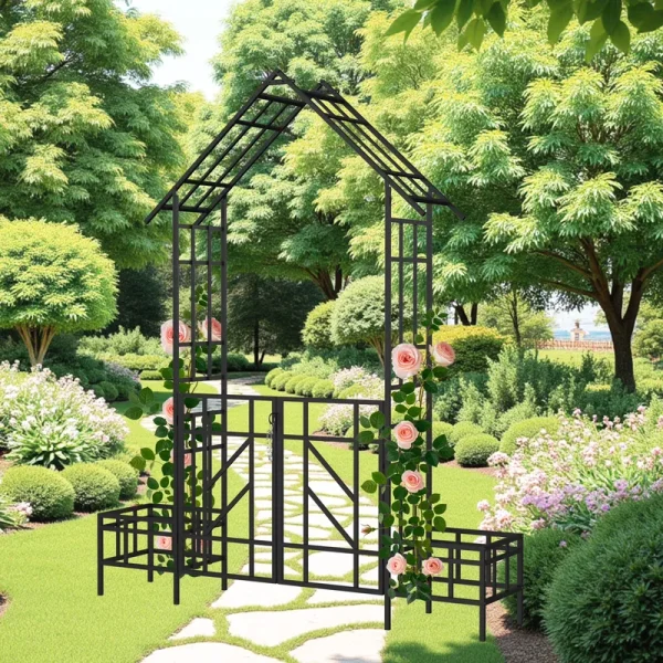 Yoneston 97.24" H Metal Garden Arbor with Gate and Planter, Garden Arch for Climbing Plants Support Rosé Arch for Outdoor, Black