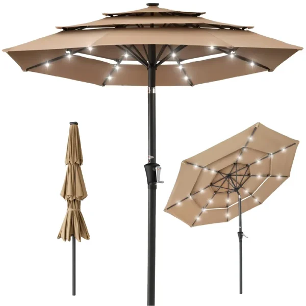 10ft 3-Tier Solar Patio Umbrella. Outdoor Market Sun Shade for Backyard