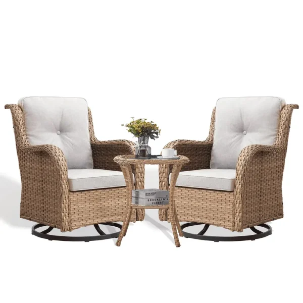 POCASSY 3 Piece Patio Set Outdoor Wicker Glider Rocking and Swivel Chairs with Cushions
