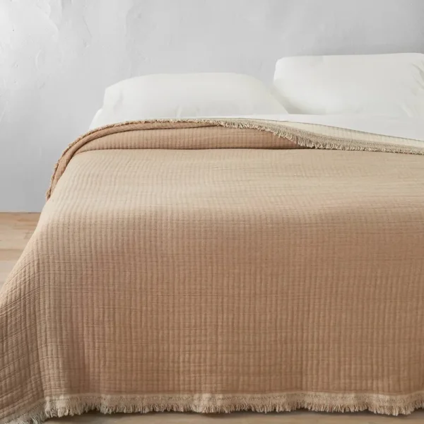 Full/Queen Reversible Textured Cotton Chambray Coverlet Natural/Warm Brown - Casaluna
