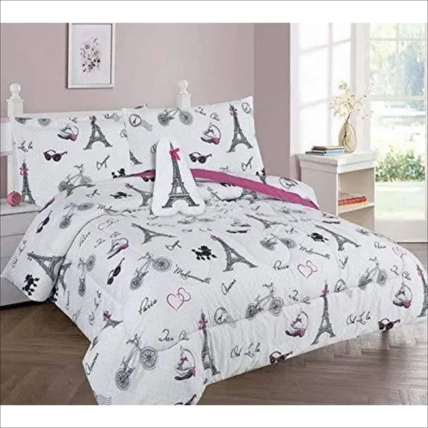 Golden Linens Twin Size 6 Pieces Printed Comforter with Sheet Set Bed in Bag Multi Colors White Black Pink Paris Eiffel Tower Design Girls/Kids/Teens