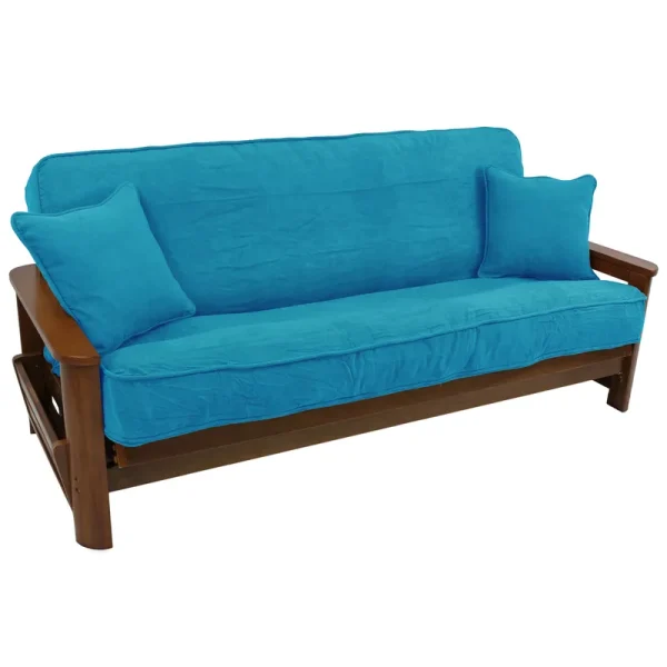 Blazing Needles 8 to 9 in. Solid MicroSuede Double Corded Full Futon Cover Set with Two 18 in. Throw Pillows Aqua Blue - Set of 3