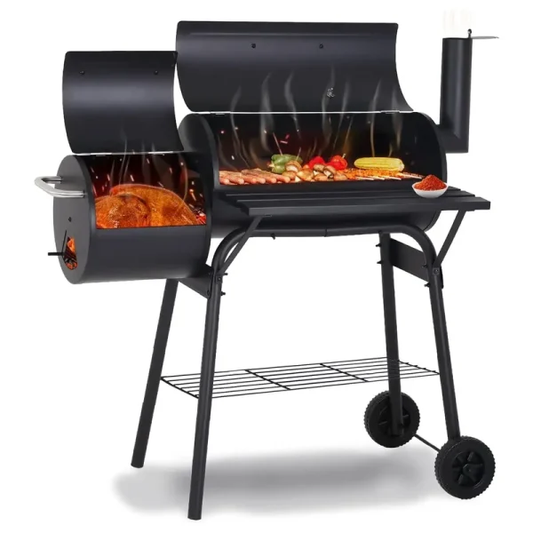 Outdoor Portable BBQ Charcoal Grill with Offset Smoker. Black