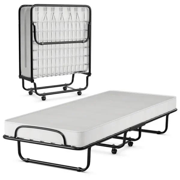 75" x 31" x 13" Folding Bed with Mattress, Rollaway Bed Metal Frame on Wheels, Portable Foldable Guest Bed for Adults, Cot Size Fold up Bed with Memory Foam Mattress