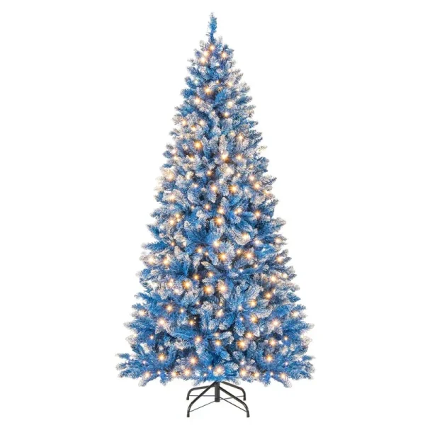6/7/8/9 FT Pre-Lit Christmas Tree, Blue Hinged Xmas Tree with Frosted PVC Tips, Warm White LED Lights, 8 Modes & Folding Stand for Holiday Decor