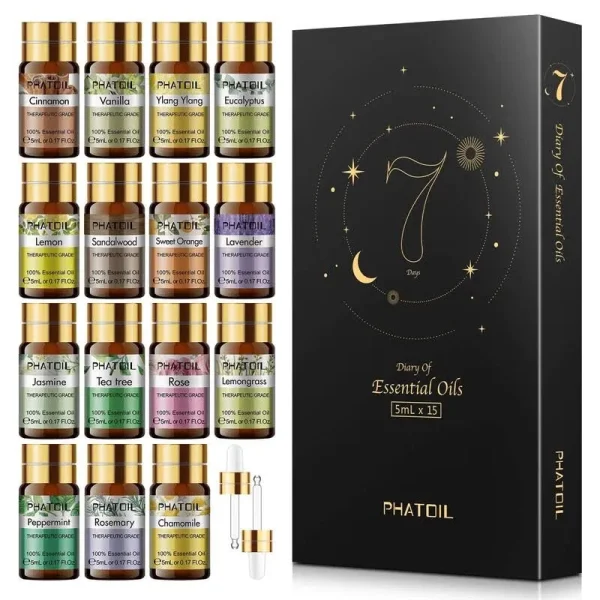 PHATOIL Essential Oils Set (15pcs Oils, 100 Percent Pure Lavender,Eucalyptus,Jasmine,Lemongrass,Sweet Orange,Sandalwood,Peppermint,Vanilla,Rose,Lemon,