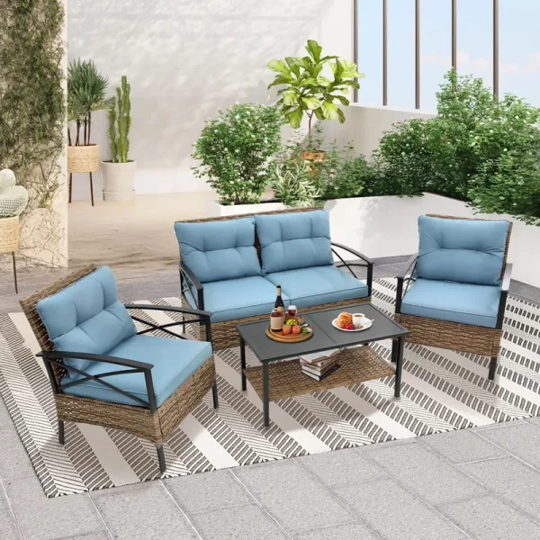 Heavy - Duty Patio Furniture Set, 4 Piece Outdoor Sectional Conversation Sets, Brownpe Rattan Patio Sofa Set with Blue Cushions