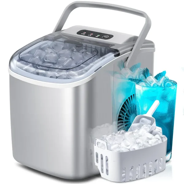 Crzoe Portable Countertop Ice Maker Machine with Handle, 9 Bullet-Shaped Ice Cubes Ready in 6 Mins, 26Lbs/24H, Self-Cleaning Function with Ice Scoop