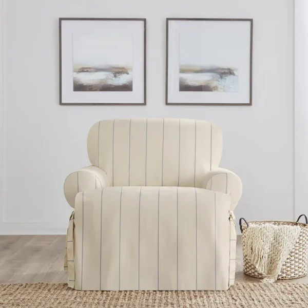 Heavyweight Natural with Blue Stripe Cotton Duck T-Cushion Chair Slipcover