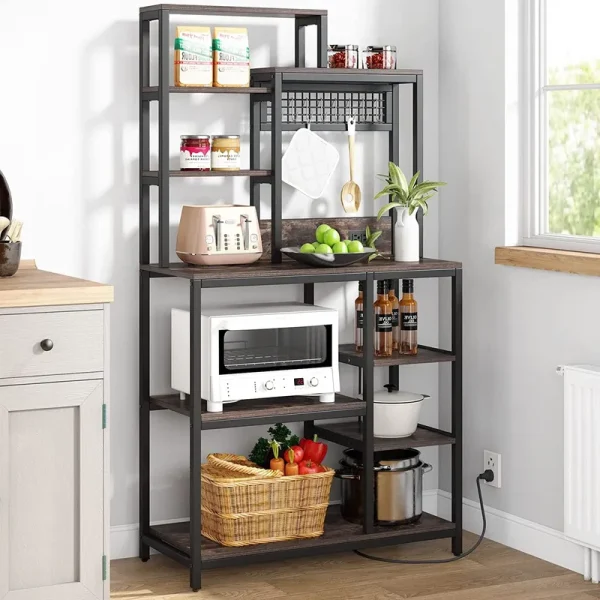 Bakers Rack with Power Outlet. 9-Tier Microwave Stand with Hutch. Kitchen Utility Storage Shelf with 8 S-Hooks. Industrial Coffee Bar Station for Living Room - Rustic Brown