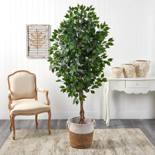 6 ft. Green Ficus Artificial Tree with Natural Trunk in Handmade Natural Jute and Cotton Planter