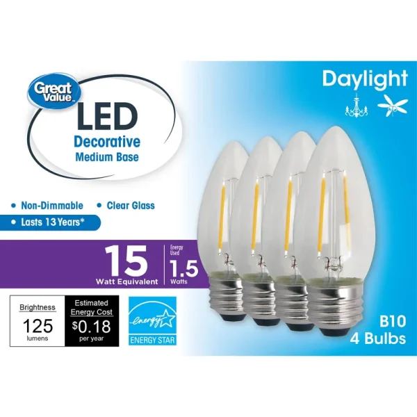 Great Value LED Light Bulb, 1.5W (15w Equivalent) B10 Deco Lamp E26 Medium Base, Non-Dimmable, Daylight, 4-Pack, Size: 4 Bulbs