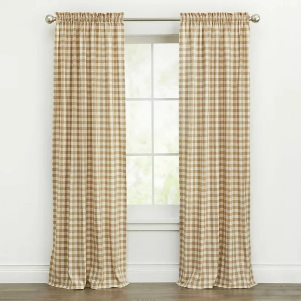 Kate Aurora Country Farmhouse Buffalo Check Plaid Gingham Window Curtains - Linen - 42 in. W x 63 in.