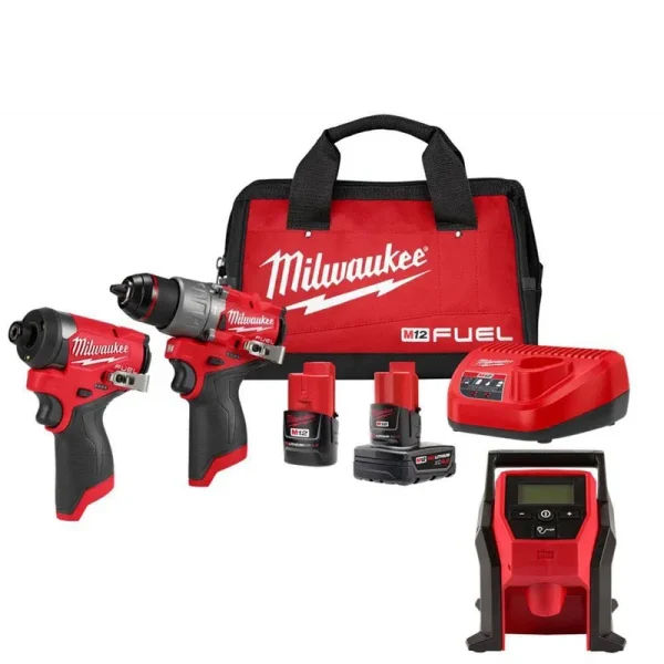 Milwaukee M12 Fuel 12-Volt Lithium-Ion Brushless Cordless Hammer Drill and Impact Driver Combo Kit (2-Tool) with Compact Inflator