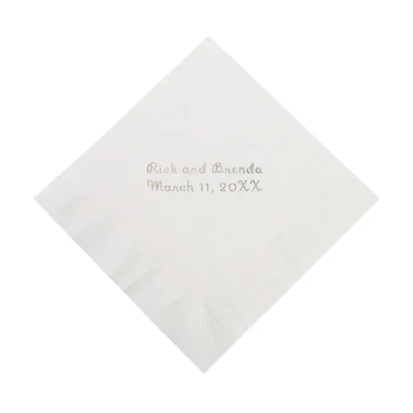 50 PC White Personalized Napkins with Silver Foil - Beverage