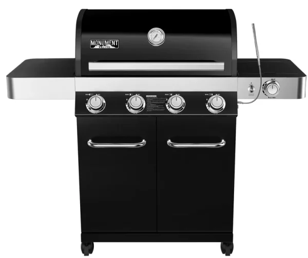 Monument Grills Porcelain 4 Burner Propane Gas Grill with USB LED Light Black