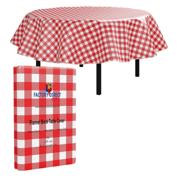 Exquisite Flannel Backed Vinyl Tablecloths, Solid Colour Premium Quality Waterproof Table Cover (180cm . Round, Red Gingham