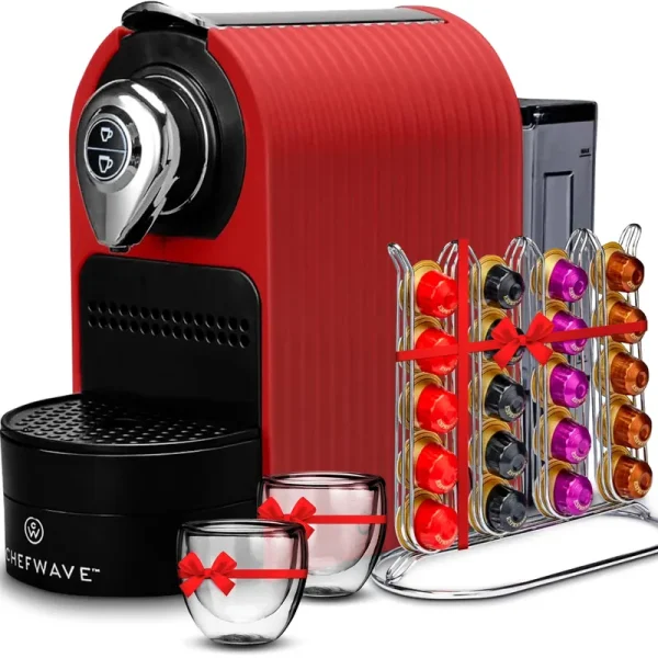 Chefwave Espresso Machine for Use with Nespresso Capsules (Red), Holder and Cups