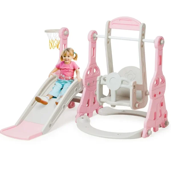Ealing 4 in 1 Slide and Swing Set for Toddler Indoor and Outdoor Baby Slide Climber Playset with Basketball Hoop & Backyard Playground Swing Slide for Boys and Girl Slide Length: 11.02' L Pink