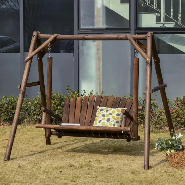Outsunny Wooden Swing Bench, Garden Swing Chair, Brown