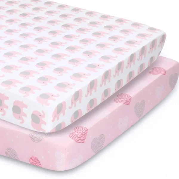 The Peanutshell Playard Sheets 2 Pack - Pink Elephants & Hearts