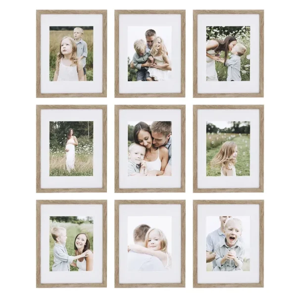 Sheffield Home 9 Piece Gallery Wall Frame Set, 11x14 inch, Matted to 8x10 inch, Light Natural