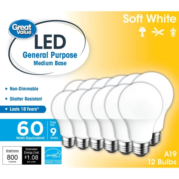 Great Value LED Light Bulb, 9W (60W Equivalent) A19 General Purpose Lamp E26 Medium Base, Non-Dimmable, Soft White, 12-Pack, Size: 12 Bulbs